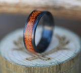 45 Degree Angle of burnt henge wood inlay "Rainier"! "Rainier" is a custom, handcrafted men's wedding ring featuring a burnt henge wood inlay. Additional inlay options are available upon request.