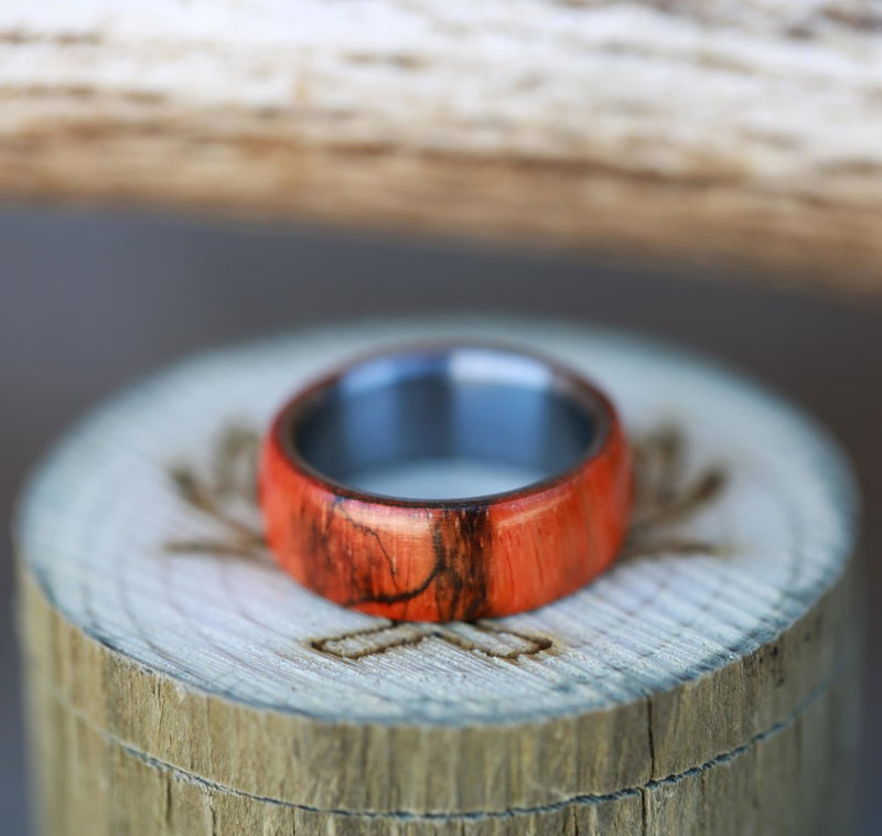 MEN'S WEDDING BAND FEATURING ORANGE SPALTED MAPLE (available in titanium, silver, black zirconium & 14K white, rose or yellow gold) - Staghead Designs - Antler Rings By Staghead Designs