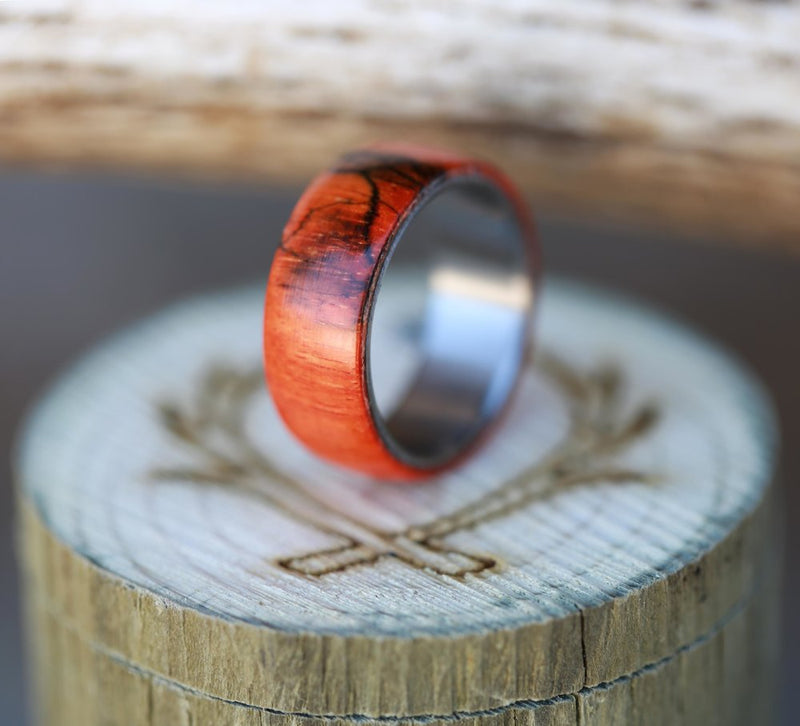 MEN'S WEDDING BAND FEATURING ORANGE SPALTED MAPLE (available in titanium, silver, black zirconium & 14K white, rose or yellow gold) - Staghead Designs - Antler Rings By Staghead Designs