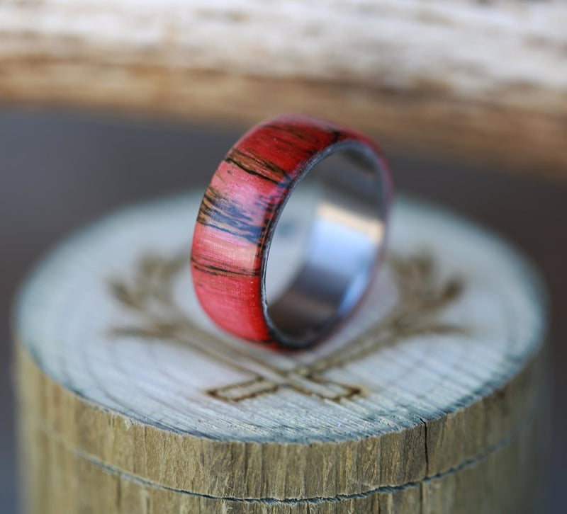MEN'S WEDDING BAND FEATURING RED SPALTED MAPLE (available in titanium, silver, black zirconium & 14K white, rose, or yellow gold) - Staghead Designs - Antler Rings By Staghead Designs