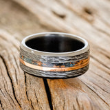 "ASHER" - CENTERED PATINA COPPER & 14K GOLD INLAY WEDDING BAND WITH HAMMERED FINISH-6