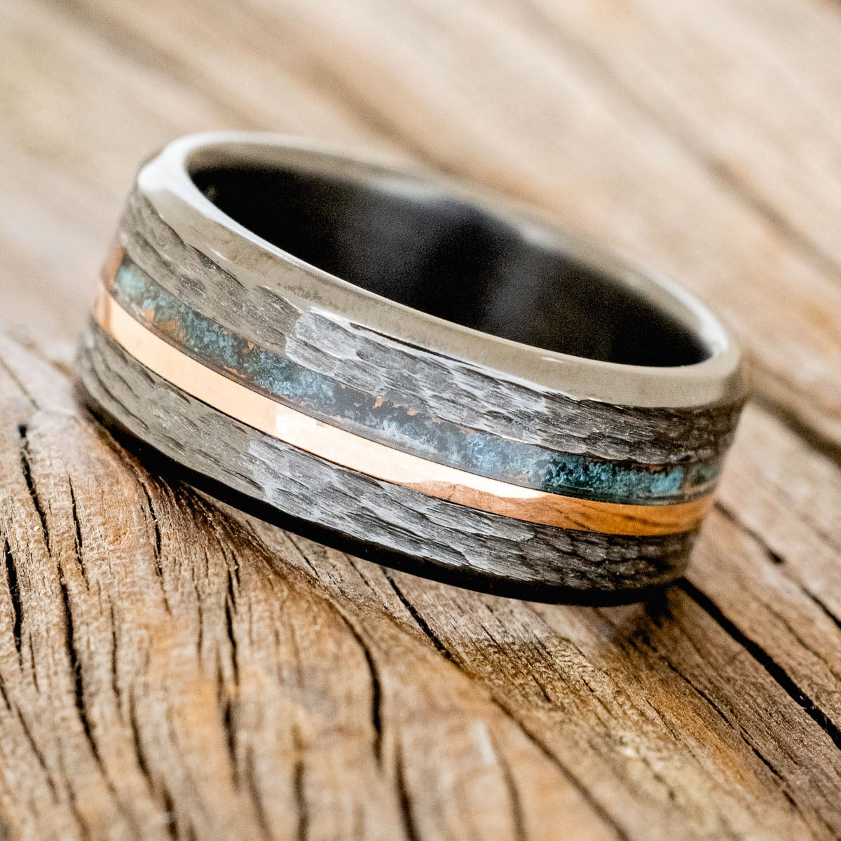 "ASHER" - CENTERED PATINA COPPER & 14K GOLD INLAY WEDDING BAND WITH HAMMERED FINISH-5