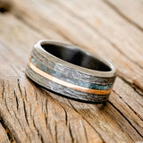 "ASHER" - CENTERED PATINA COPPER & 14K GOLD INLAY WEDDING BAND WITH HAMMERED FINISH-5