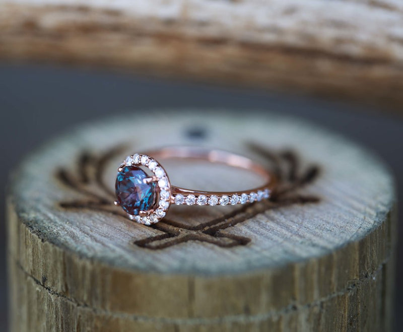 14K GOLD ENGAGEMENT RING WITH CHATHAM ALEXANDRITE AND 3/8ctw DIAMOND ACCENTS (available in 14K rose gold) - Staghead Designs - Antler Rings By Staghead Designs