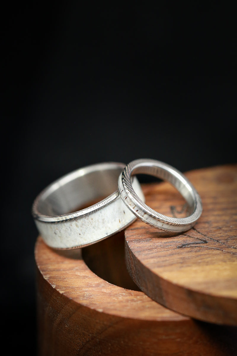 Matching Wedding Band Set With Antler - Staghead Designs
