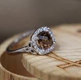 Shown here is a halo-style smoky quartz women's engagement ring with delicate and ornate details and is available with many center stone options. On the sides are two Celtic knot details that accent the ring beautifully.-14K GOLD ENGAGEMENT RING WITH A SMOKEY QUARTZ STONE AND CELTIC KNOT DETAIL (available in 14K white, yellow & rose gold) - Staghead Designs - 