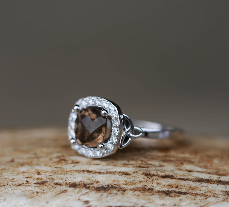 14K GOLD ENGAGEMENT RING WITH A SMOKEY QUARTZ STONE AND CELTIC KNOT DETAIL (available in 14K white, yellow & rose gold) - Staghead Designs - Antler Rings By Staghead Designs