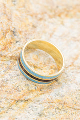 "RIO" - IRONWOOD & TURQUOISE INLAYS WEDDING RING FEATURING A 14K GOLD BAND