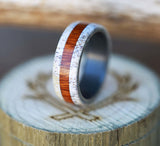 Shown here is A custom, handcrafted men's wedding ring featuring ironwood and elk antler overlays. Additional inlay options are available upon reques-IRONWOOD & ANTLER WEDDING BAND ON BLACK ZIRCONIUM (available in silver & black zirconium) - Staghead Designs - Antler Rings By Staghead Designs