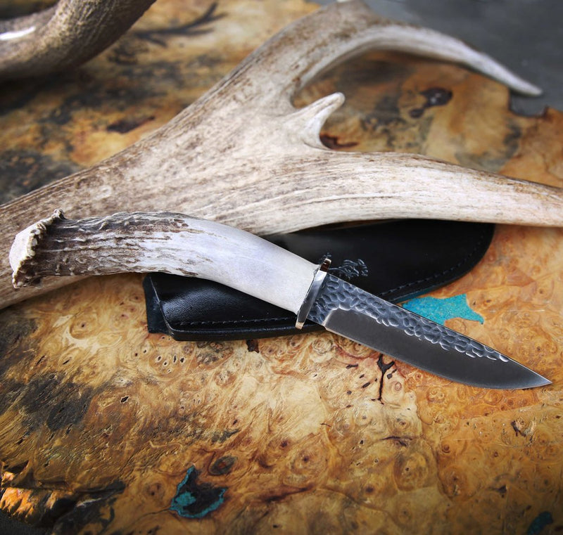 STAGHEAD DESIGNS KNIFE - 4.5in HAMMERED BLADE WITH ANTLER HANDLE - Staghead Designs - Antler Rings By Staghead Designs