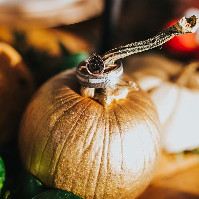 "VERTIGO" - ANTLER INLAY WEDDING RING FEATURING A WHISKEY BARREL LINING & HAMMERED FINISH-19