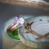 ROUND CUT MOISSANITE SOLITAIRE ENGAGEMENT RING WITH "ZUNI" OPAL RING GUARD