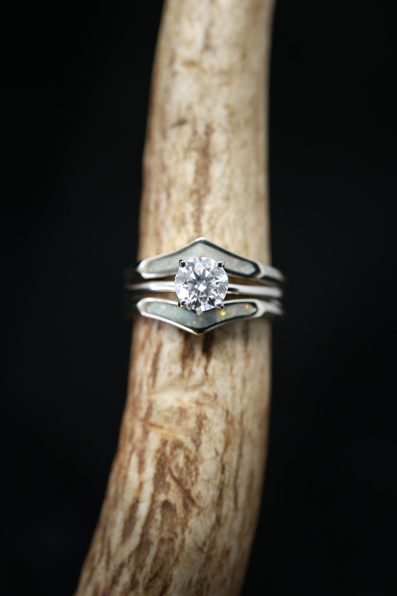 ROUND CUT MOISSANITE SOLITAIRE ENGAGEMENT RING WITH "ZUNI" OPAL RING GUARD