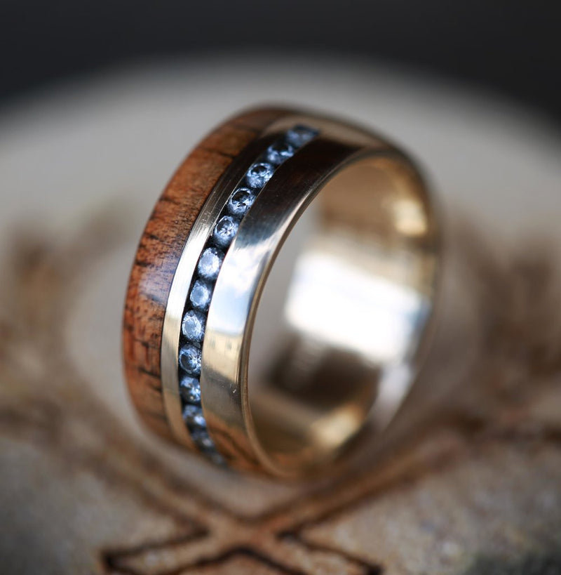 MATCHING KOA WOOD WEDDING BANDS WITH DIAMONDS AND MOTHER OF PEARL ON 14K GOLD (available in 14K white, rose or yellow gold) - Staghead Designs - Antler Rings By Staghead Designs