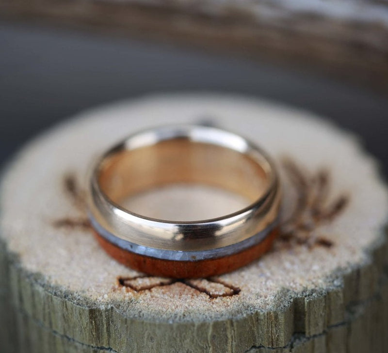 KOA WOOD & MOTHER OF PEARL SET ON 14K GOLD WEDDING BAND (available in 14K rose, yellow, and white gold) - Staghead Designs - Antler Rings By Staghead Designs
