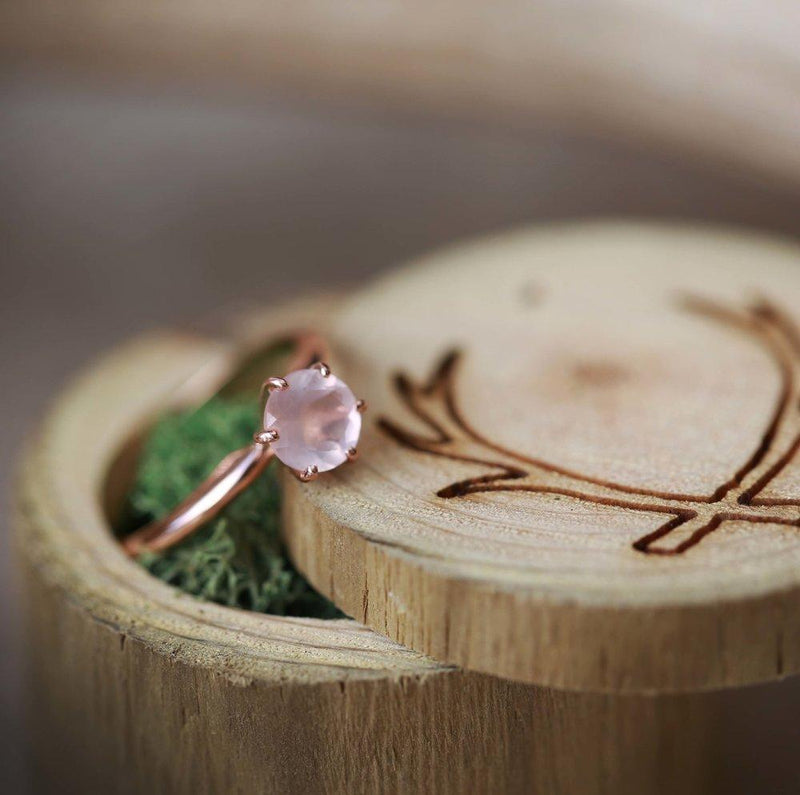 ROUND CUT ROSE QUARTZ SOLITAIRE ENGAGEMENT RING WITH A SANDBLASTED FINISH