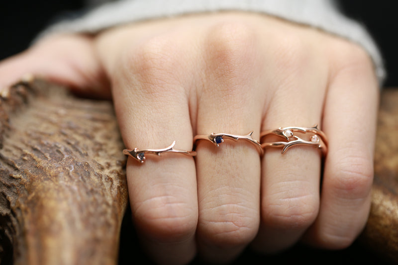 "ARTEMIS" STACKER - 14K GOLD TWIG/ANTLER STYLE STACKING BAND WITH BIRTHSTONE(available in 14K rose, white & yellow gold) - Staghead Designs - Antler Rings By Staghead Designs