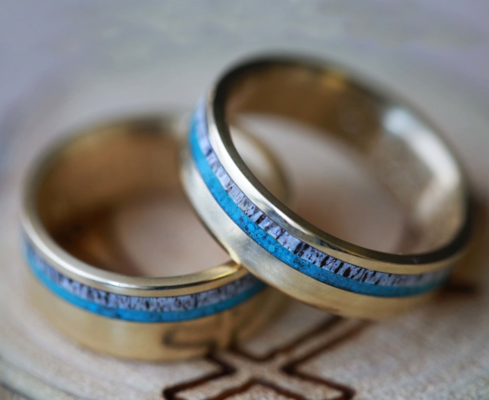 "CASTOR" - MATCHING SET OF TURQUOISE & ANTLER WEDDING BANDS-3