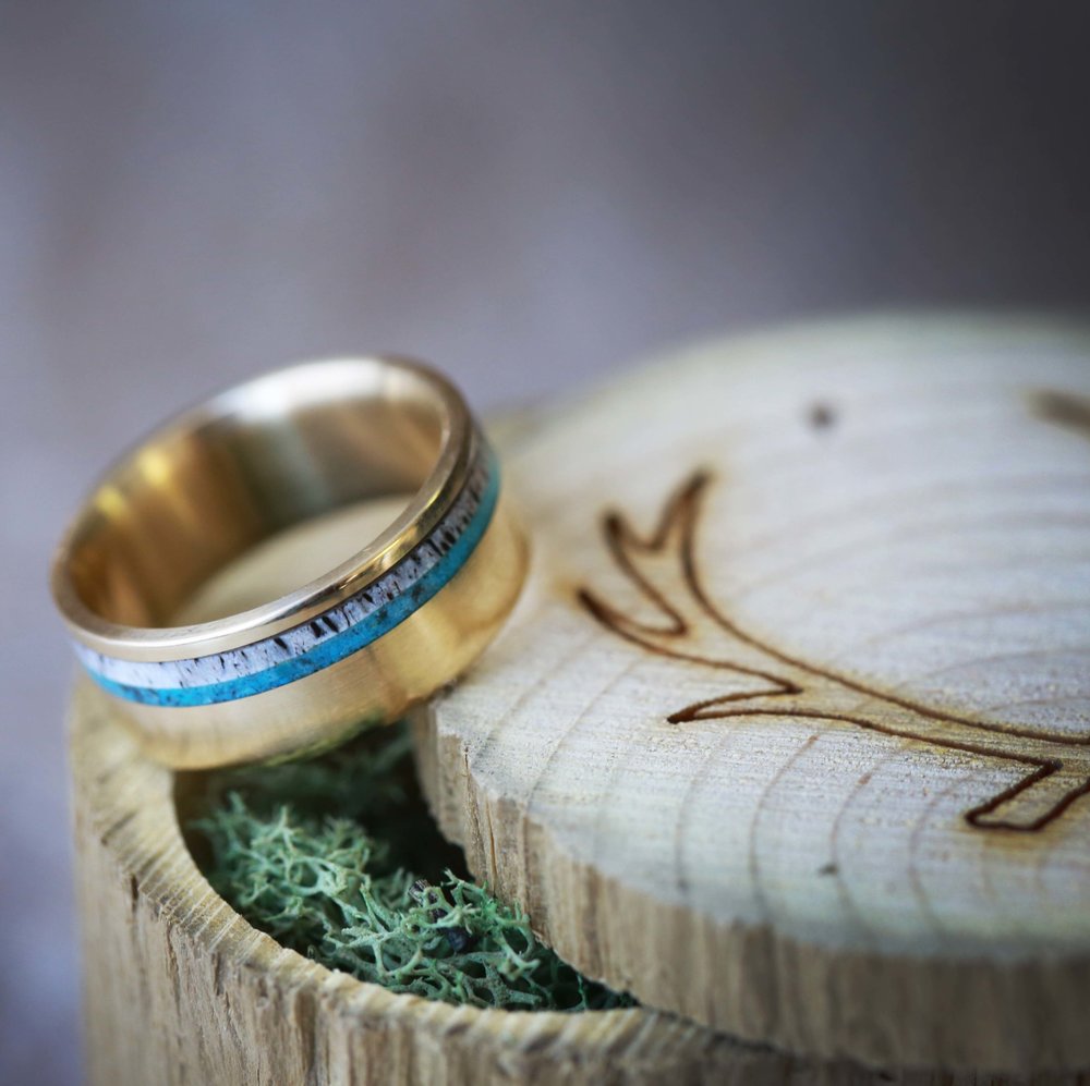 "CASTOR" - MATCHING SET OF TURQUOISE & ANTLER WEDDING BANDS-4