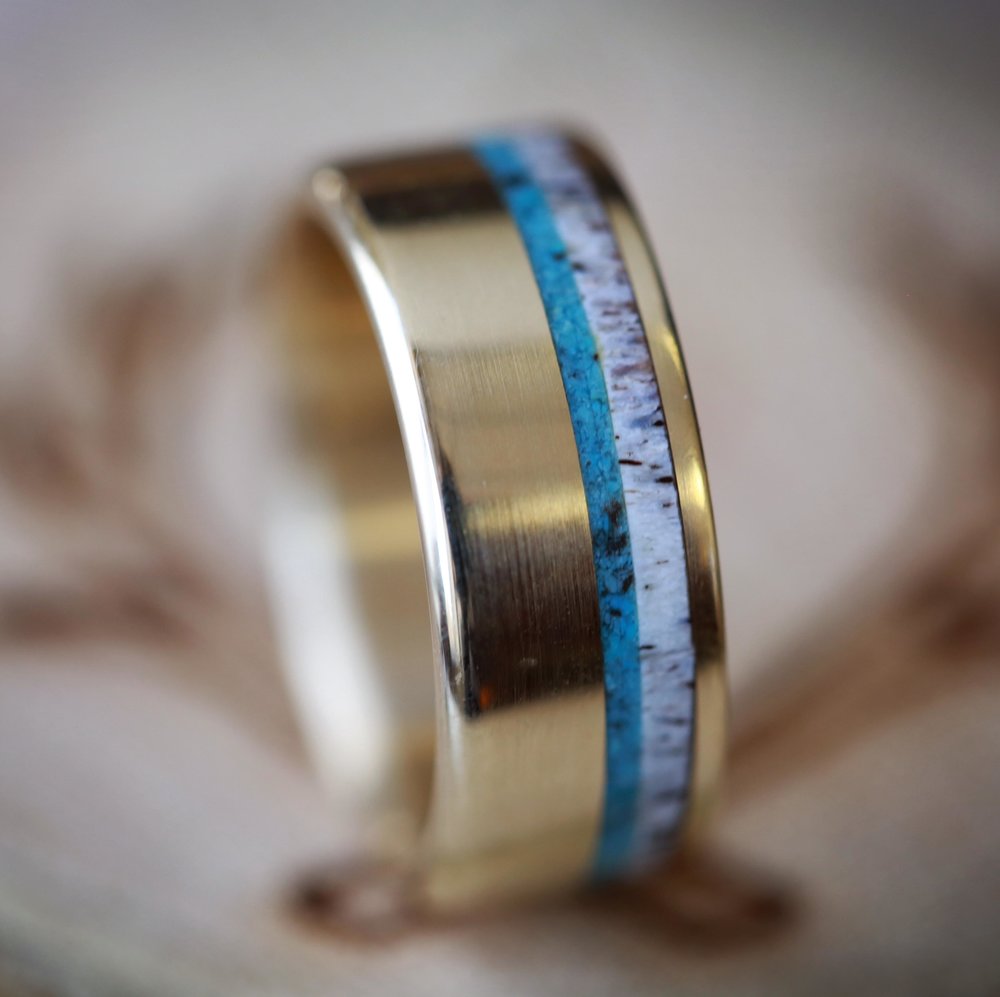 "CASTOR" - MATCHING SET OF TURQUOISE & ANTLER WEDDING BANDS-5