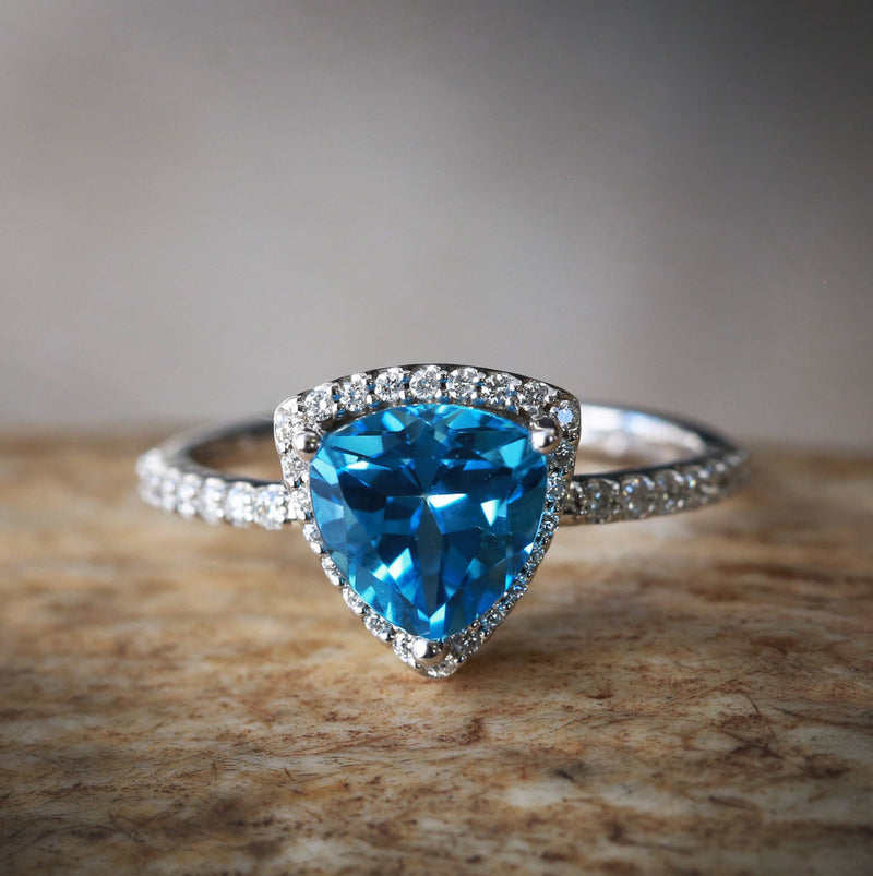 14K GOLD ENGAGEMENT RING WITH LONDON BLUE TOPAZ & TRILLION CUT DIAMOND HALO (available in 14K yellow, rose, and white gold) - Staghead Designs - Antler Rings By Staghead Designs