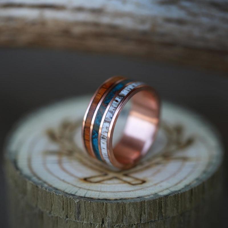 "RIO" - ELK ANTLER, PATINA COPPER AND WOOD RING (available in titanium, silver, black zirconium, damascus steel & 14K white, rose, or yellow gold) - Staghead Designs - Antler Rings By Staghead Designs