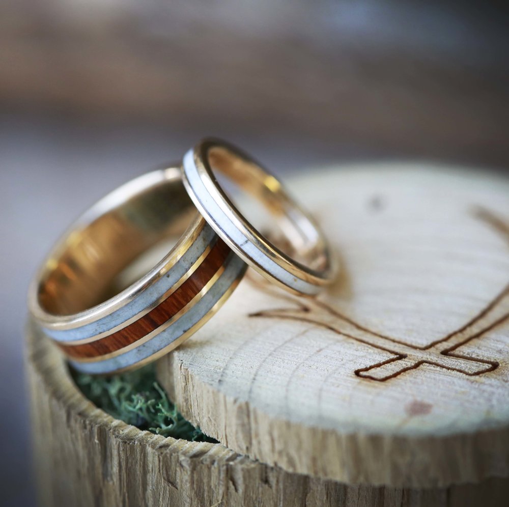 "RIO" - MATCHING SET IRONWOOD & ANTLER WEDDING RINGS FEATURING 14K GOLD BANDS-8
