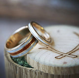 Shown here is a Matching wedding band set featuring "Eterna" & "Rio". "Rio" is a handcrafted wide wedding band featuring ironwood & antler inlays. "Eterna" is a stacking-style wedding band featuring antler inlay.-"RIO" - MATCHING SET OF 14K GOLD & ANTLER WEDDING BANDS (available in 14K white, rose or yellow gold) - Staghead Designs - Antler Rings By Staghead Designs