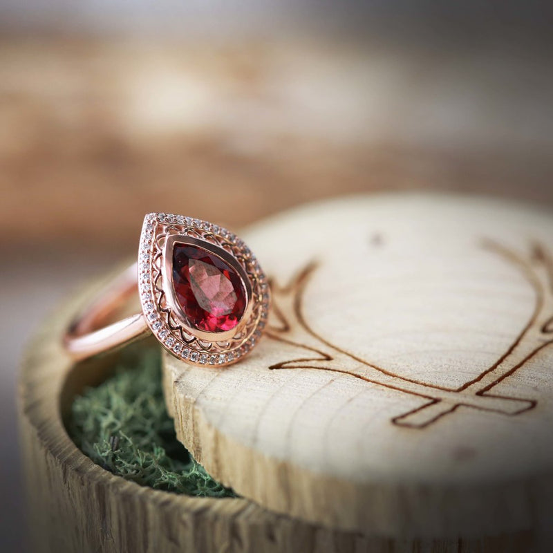 14K GOLD ENGAGEMENT RING WITH PEAR SHAPED GARNET AND DIAMOND HALO (available in 14K white, yellow, or rose gold) - Staghead Designs - Antler Rings By Staghead Designs