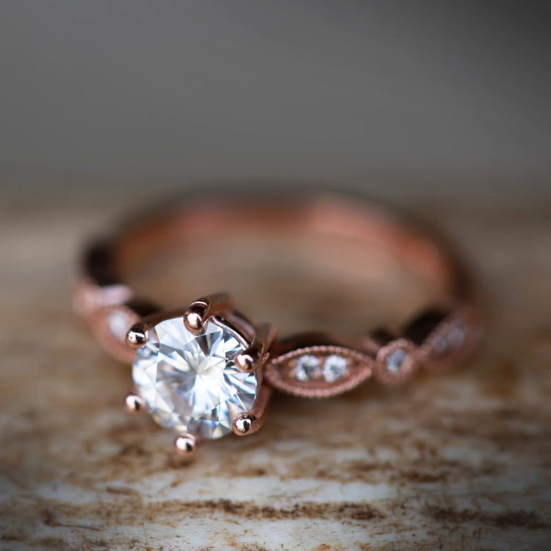 Shown here is An accented-style moissanite women's engagement ring with delicate and ornate details and is available with many center stone options-1ct MOISSANITE RING WITH DIAMOND ACCENTS ON 14K GOLD BAND (available in 14K rose, yellow, or white gold) - Staghead Designs - Antler Rings By Staghead Designs
