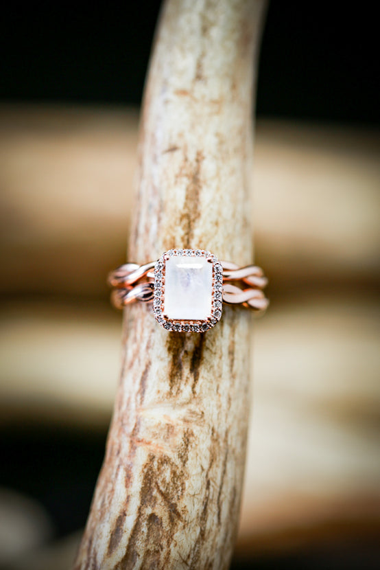 A woven-style emerald cut moonstone women's engagement ring with delicate and ornate details and is available with many center stone options