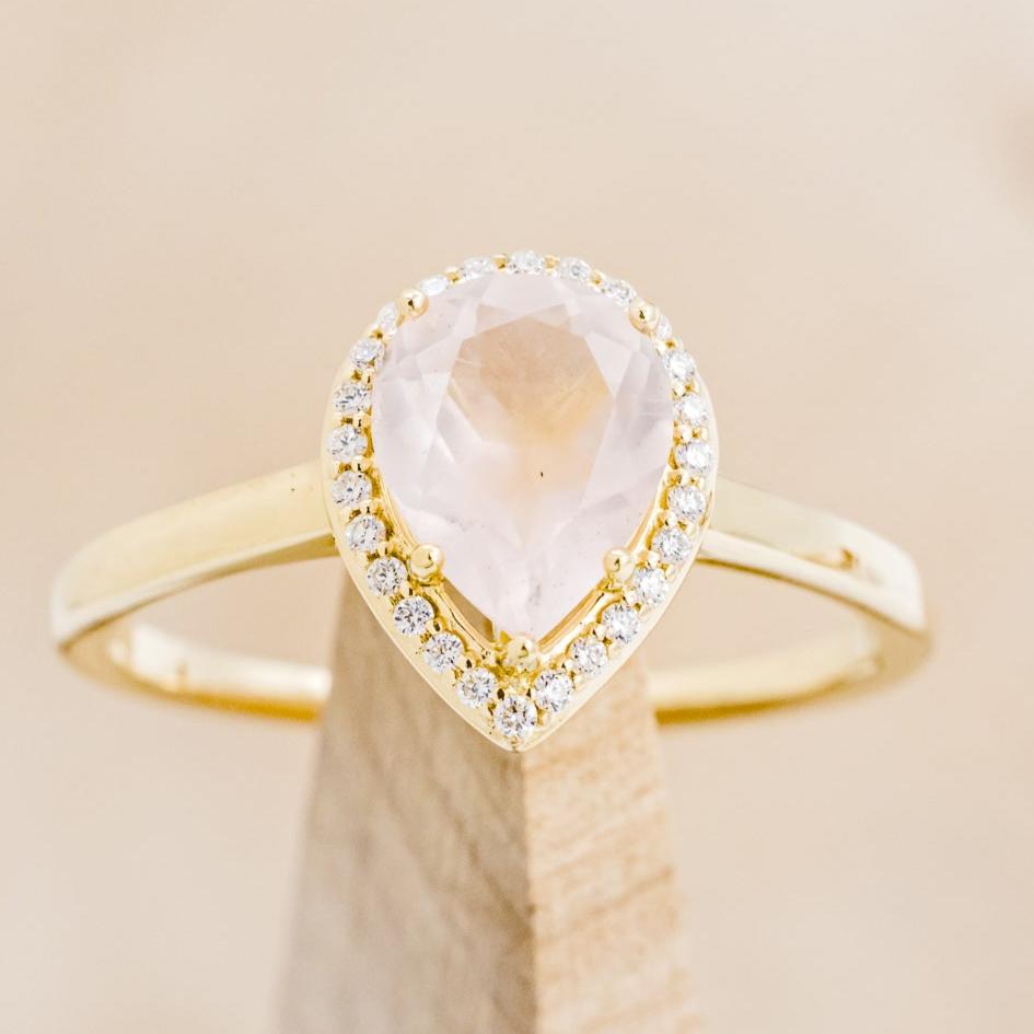 "CLARISS" - PEAR-SHAPED ROSE QUARTZ ENGAGEMENT RING WITH DIAMOND HALO-7