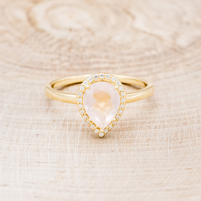 "CLARISS" - PEAR-SHAPED ROSE QUARTZ ENGAGEMENT RING WITH DIAMOND HALO