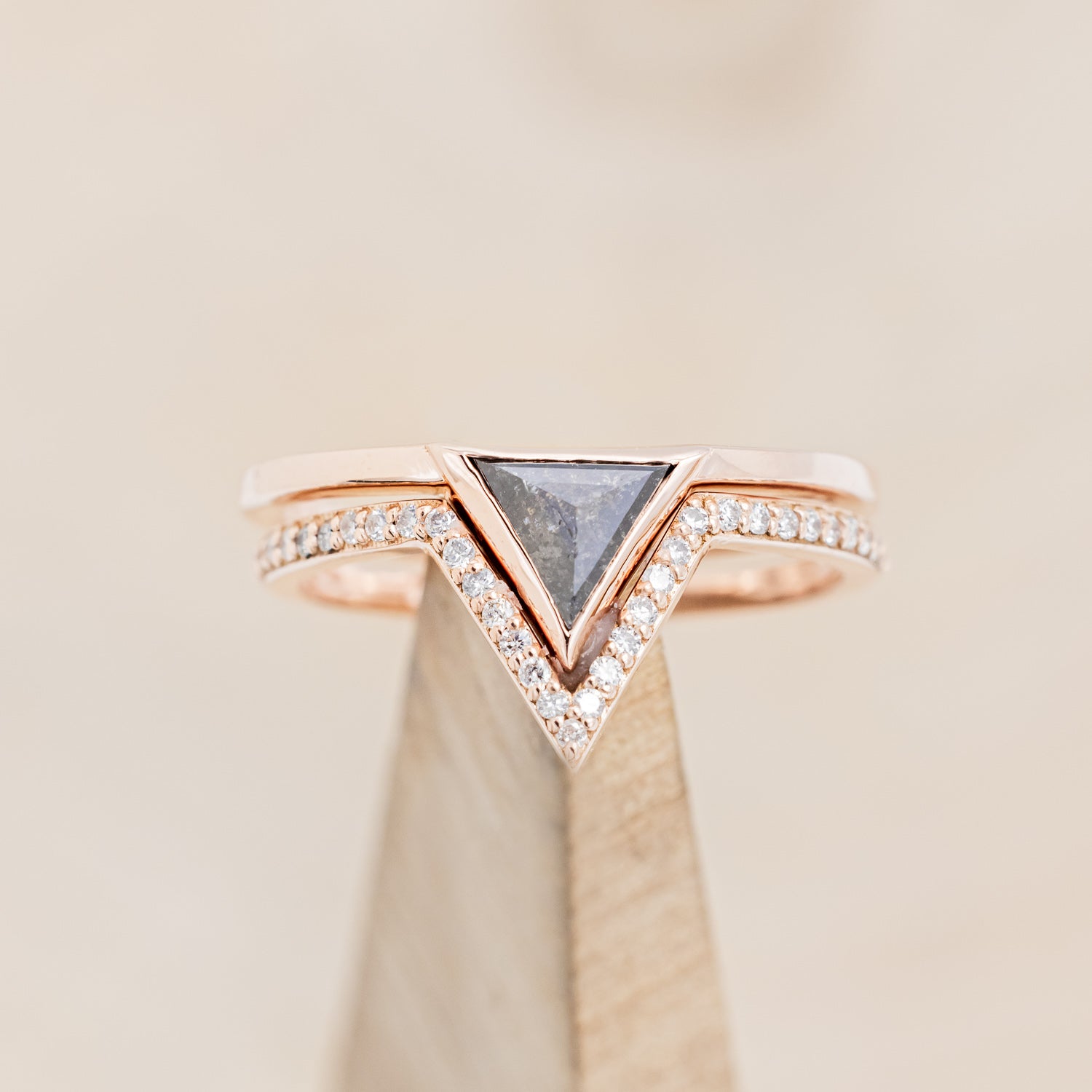 "THE POWER COUPLE" - MATCHING SET OF TRIANGLE SHAPED SALT & PEPPER DIAMOND WEDDING RINGS-2