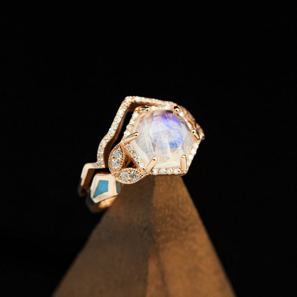 "LUCY IN THE SKY" - FACETED HEXAGON MOONSTONE WEDDING BAND WITH DIAMOND HALO, TURQUOISE INLAYS, & A DIAMOND TRACER-11