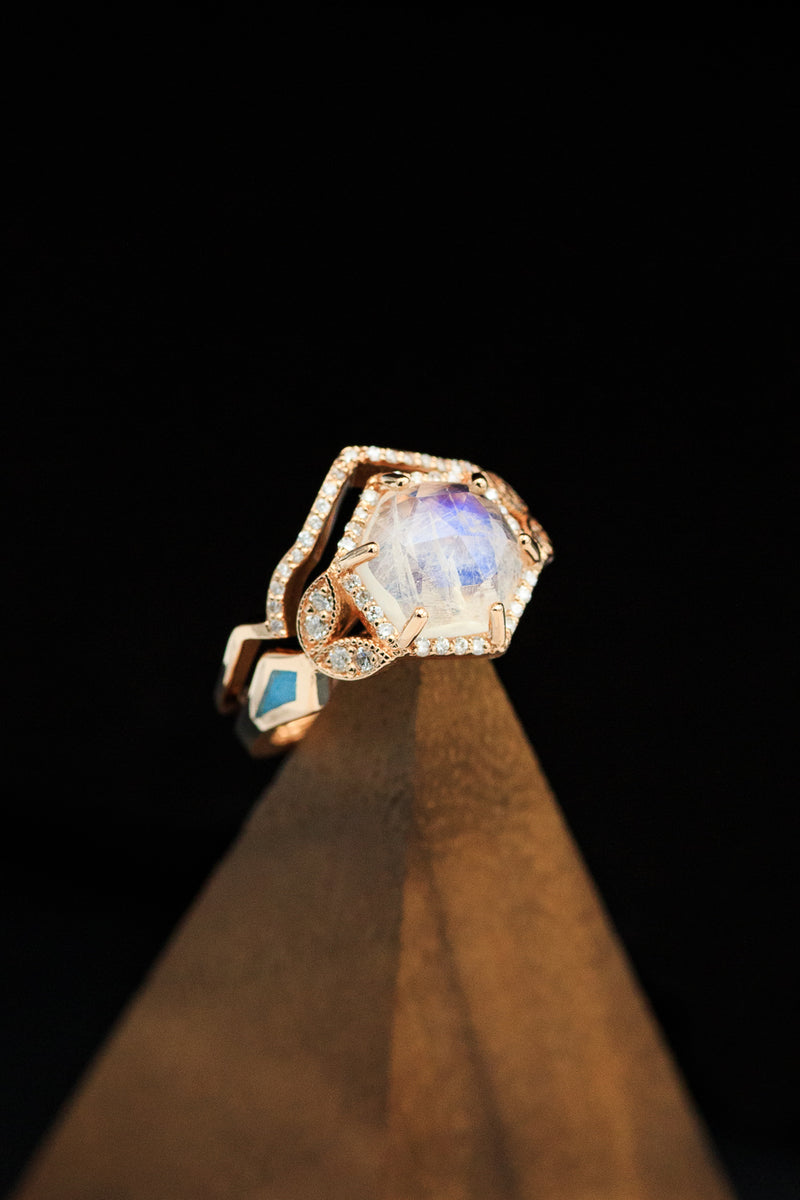 "LUCY IN THE SKY" - FACETED HEXAGON MOONSTONE WEDDING BAND WITH DIAMOND HALO, TURQUOISE INLAYS, & A DIAMOND TRACER