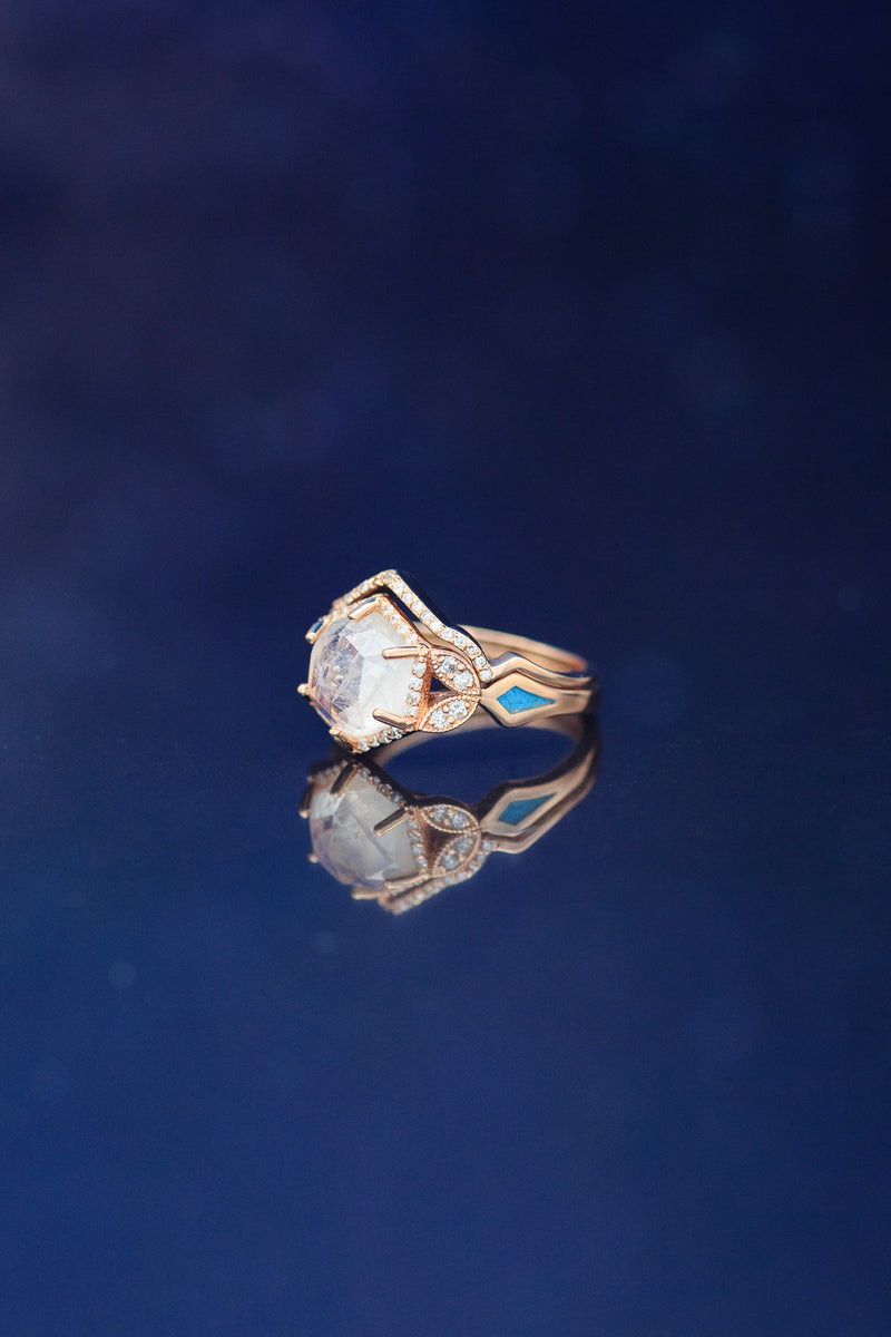 "LUCY IN THE SKY" - FACETED HEXAGON MOONSTONE WEDDING BAND WITH DIAMOND HALO, TURQUOISE INLAYS, & A DIAMOND TRACER