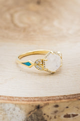 "LUCY IN THE SKY" - FACETED HEXAGON MOONSTONE ENGAGEMENT RING WITH DIAMOND HALO & TURQUOISE INLAYS