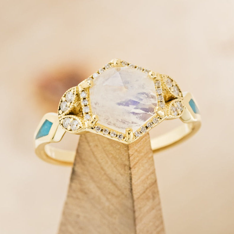 "LUCY IN THE SKY" - FACETED HEXAGON MOONSTONE ENGAGEMENT RING WITH DIAMOND HALO & TURQUOISE INLAYS-7