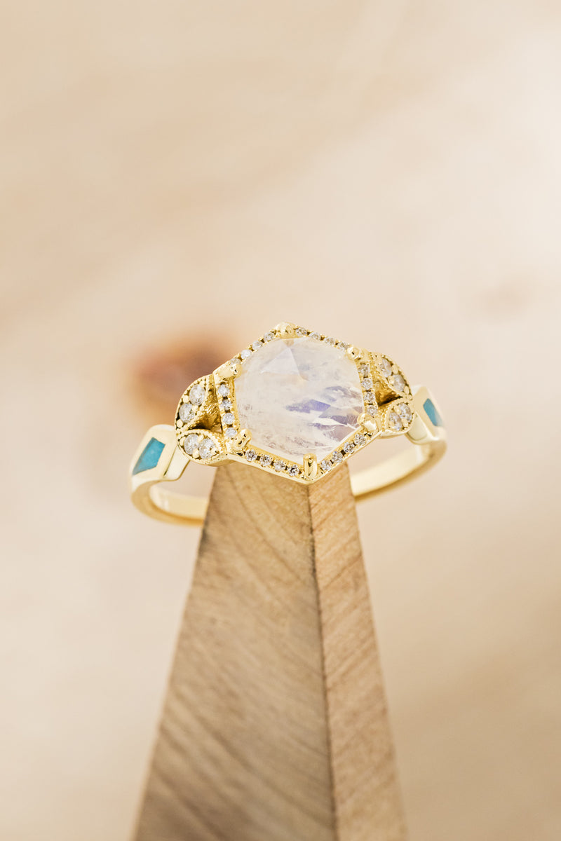 "LUCY IN THE SKY" - FACETED HEXAGON MOONSTONE ENGAGEMENT RING WITH DIAMOND HALO & TURQUOISE INLAYS