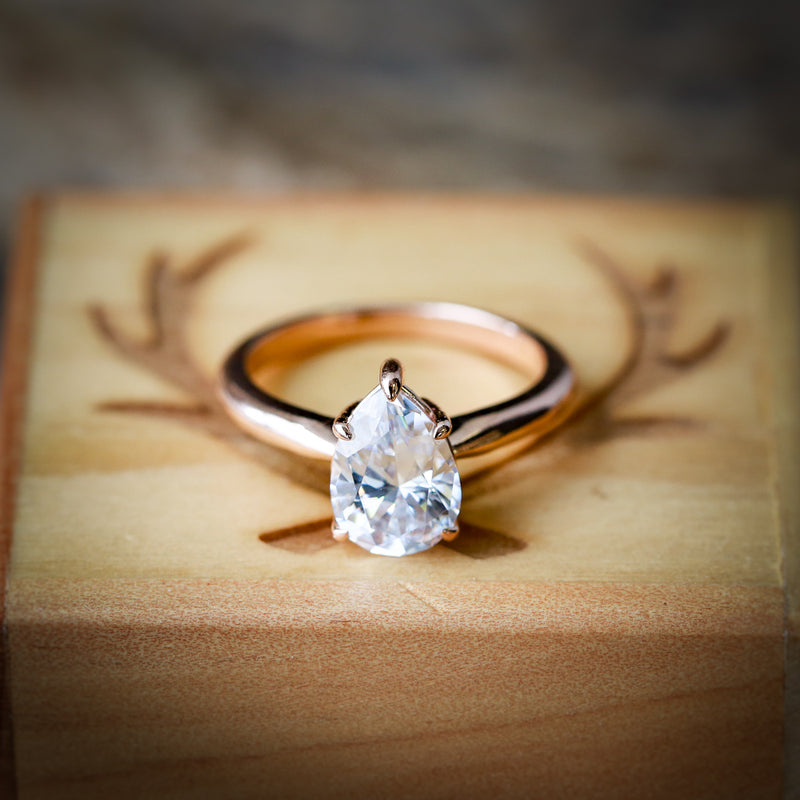 14K GOLD 5 PRONG ENGAGEMENT RING WITH A 2ct PEAR SHAPED MOISSANITE STONE (available in 14K rose, white or yellow gold) - Staghead Designs - Antler Rings By Staghead Designs