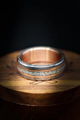 "KALDER" - ELK TOOTH IVORY & 14K GOLD INLAYS WEDDING RING FEATURING A 14K GOLD LINED DAMASCUS STEEL BAND