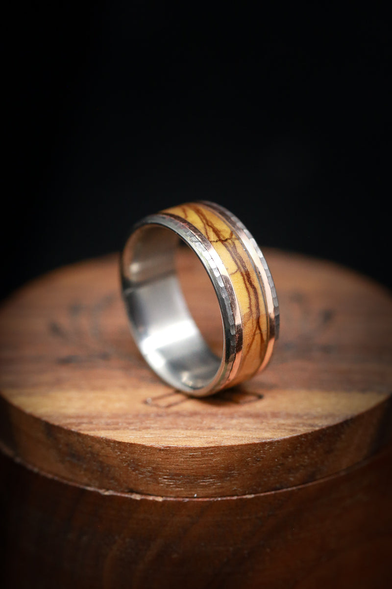 Men's Wedding Band In Hammered Titanium With Olive Wood & Gold Inlays - Staghead Designs