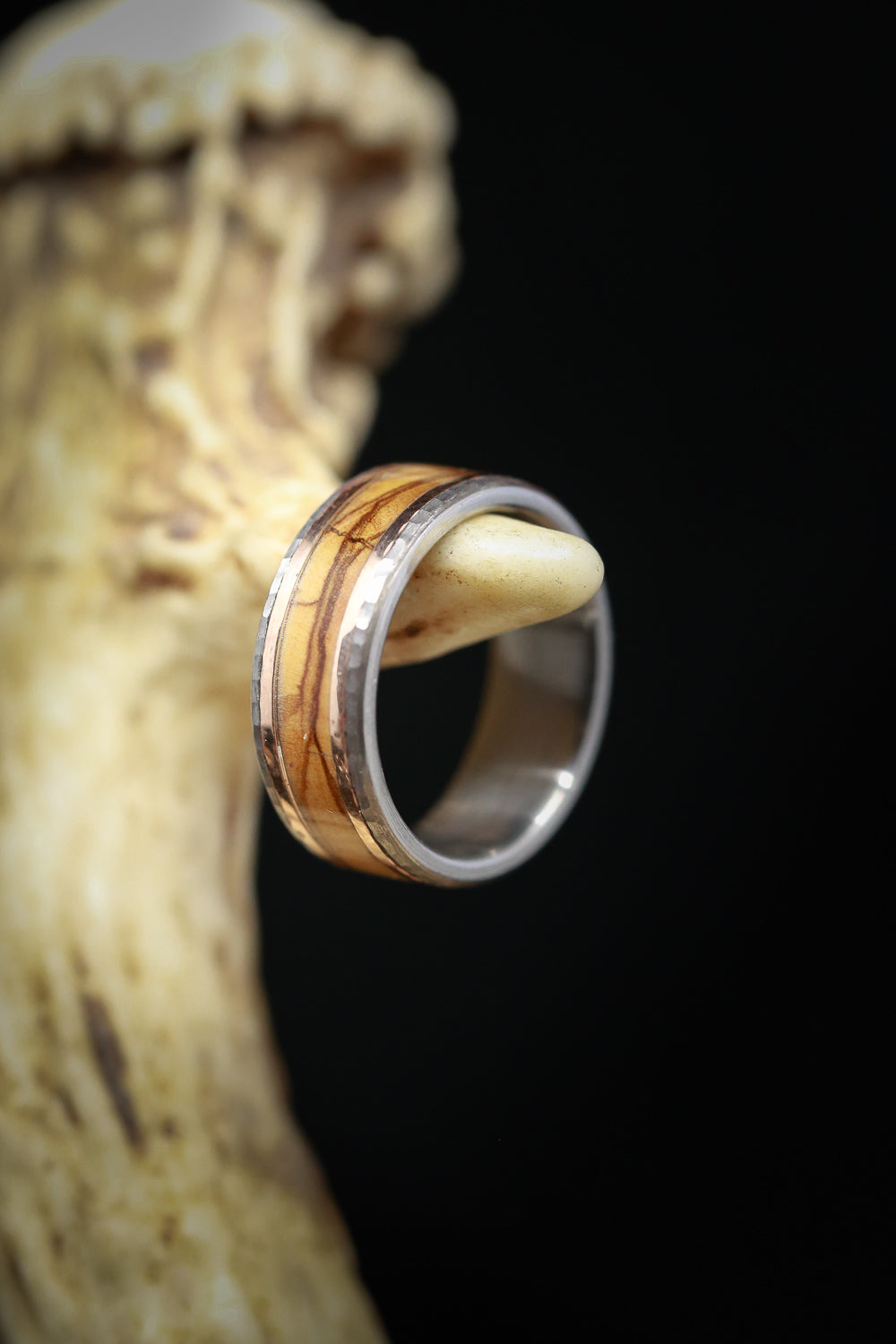 "HOLLIS" - OLIVE WOOD & 14K GOLD INLAYS WEDDING RING WITH A HAMMERED FINISH-7
