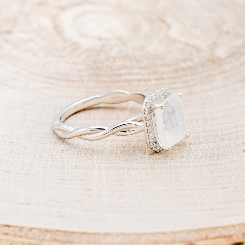 "EVERLEIGH" - EMERALD CUT MOONSTONE ENGAGEMENT RING WITH DIAMOND HALO & WOVEN STACKING BAND