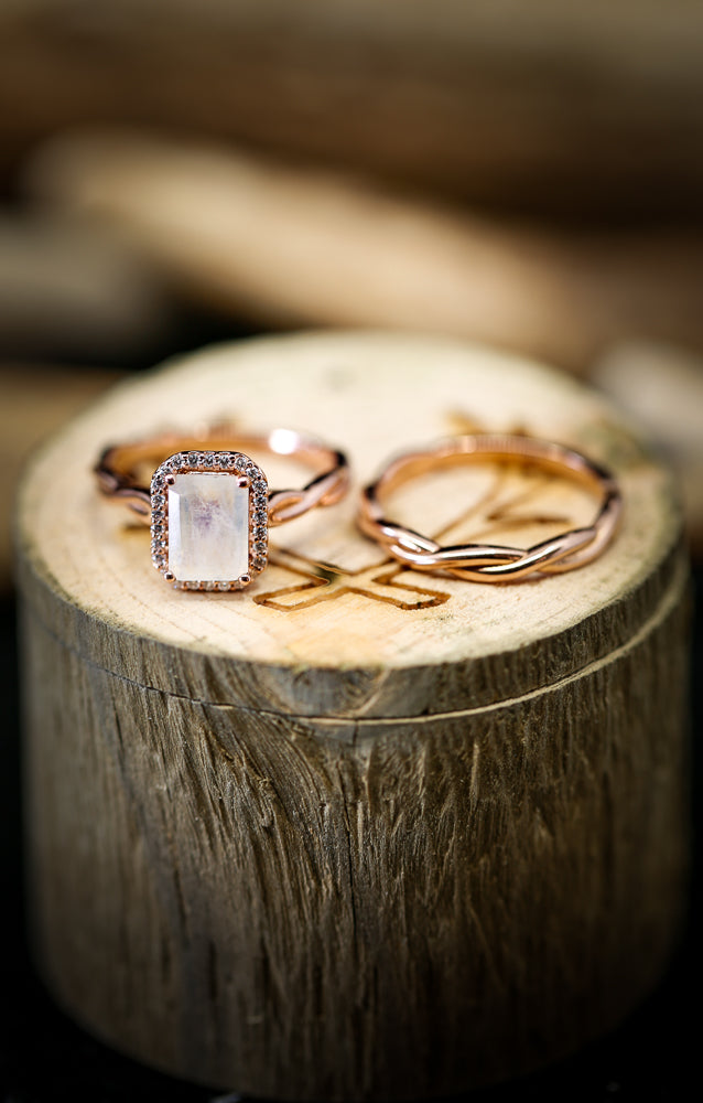 MOONSTONE ENGAGEMENT RING WITH HALO & A WOVEN STACKER (available in 14K rose, white, or yellow gold) - Staghead Designs - Antler Rings By Staghead Designs