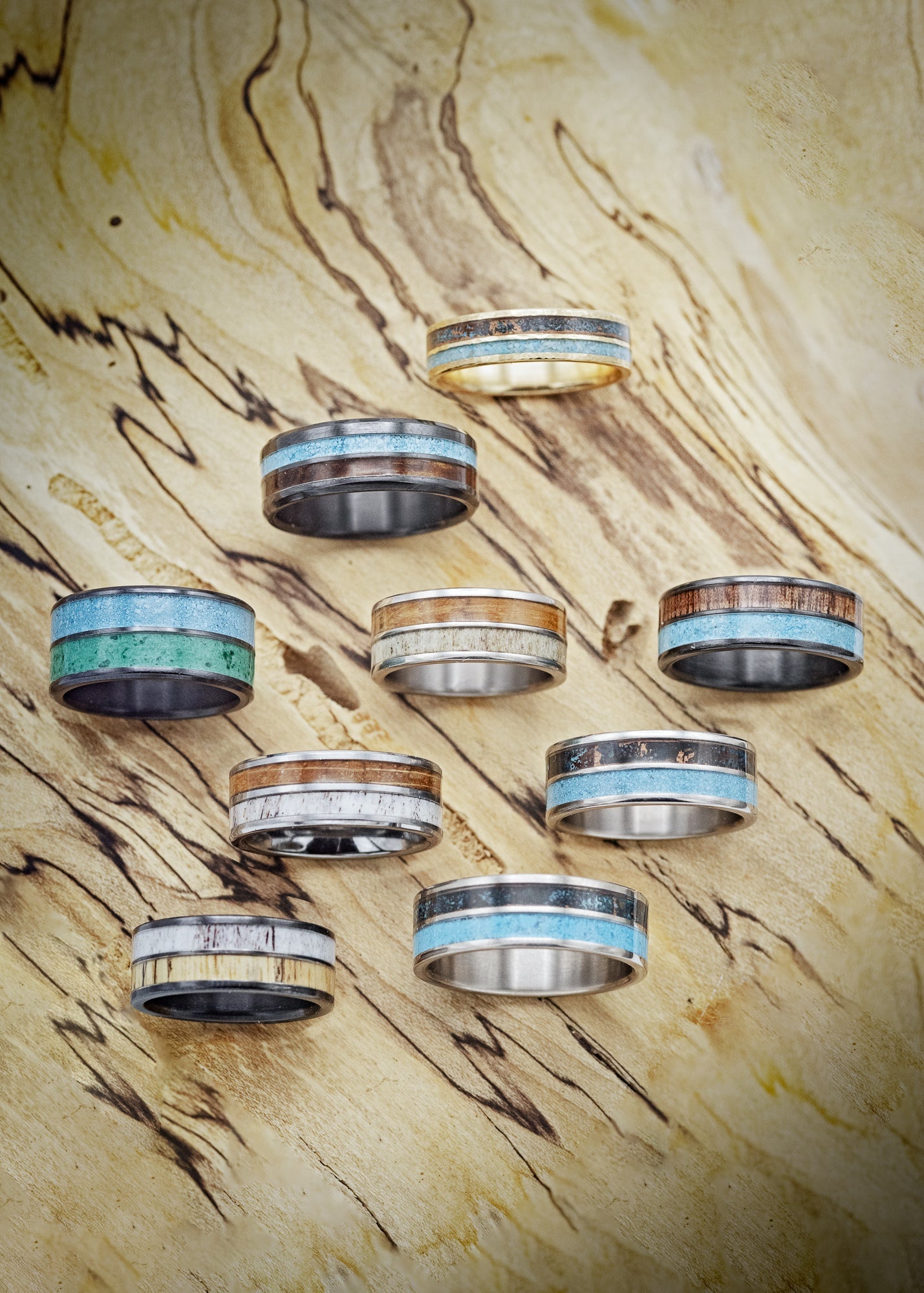 "DYAD" - WHISKEY BARREL OAK & TURQUOISE WEDDING BAND-7