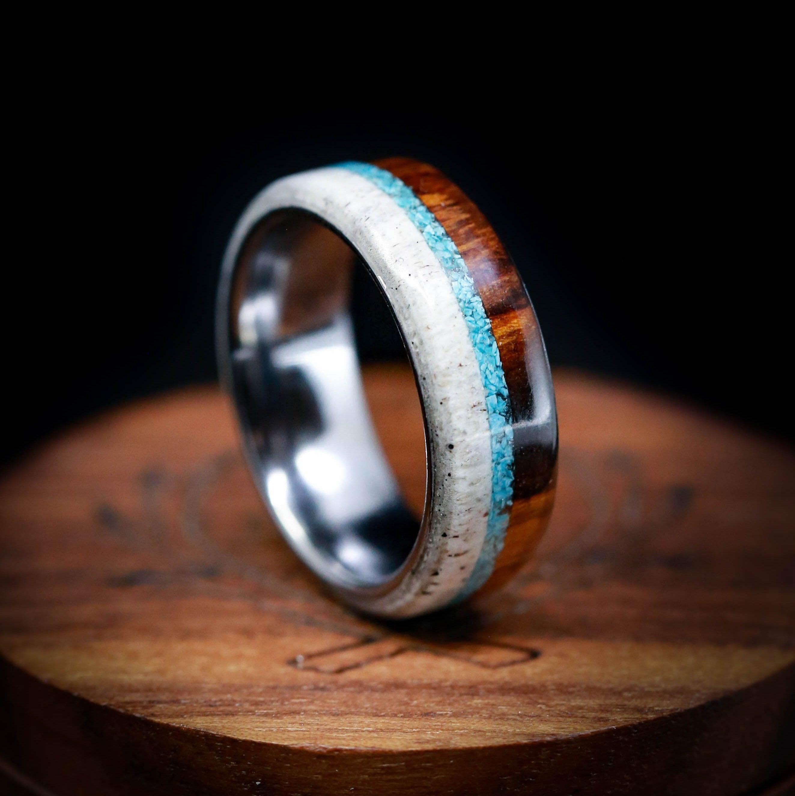 "ARGOS" - IRONWOOD, ANTLER & TURQUOISE WEDDING BAND - READY TO SHIP-4