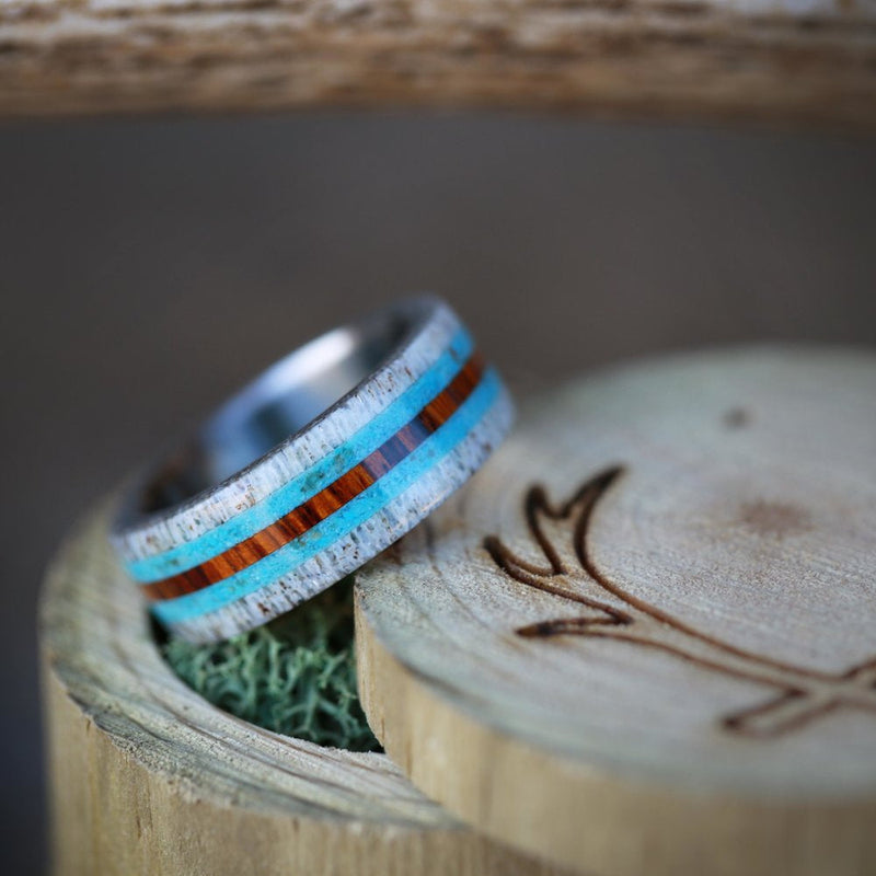 "CANYON" - ANTLER, TURQUOISE & IRONWOOD WEDDING BAND - READY TO SHIP-2