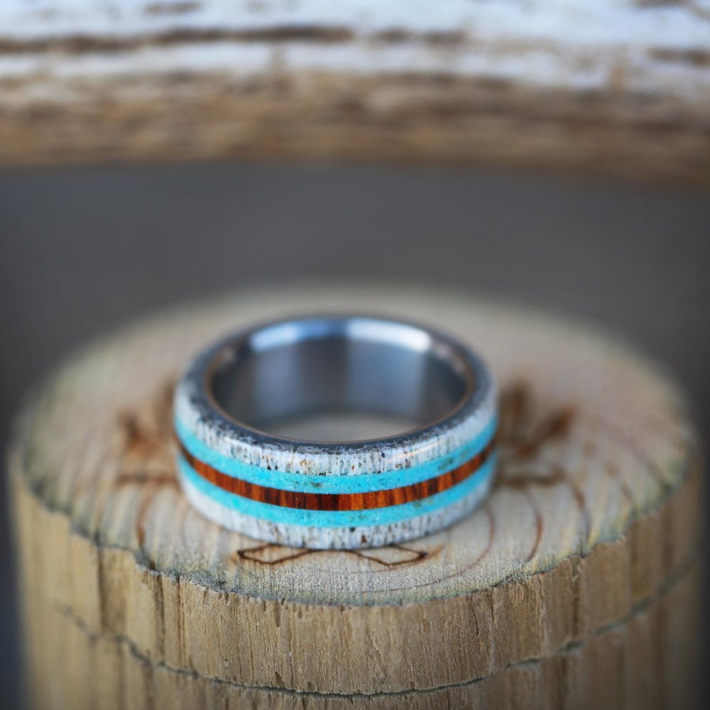 "CANYON" - ANTLER, TURQUOISE & IRONWOOD WEDDING BAND - READY TO SHIP-3